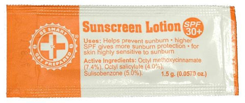 Packets of sunscreen lotion